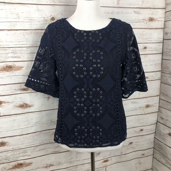 Greylin Tops - Greylin Navy Eyelet Lace Blouse